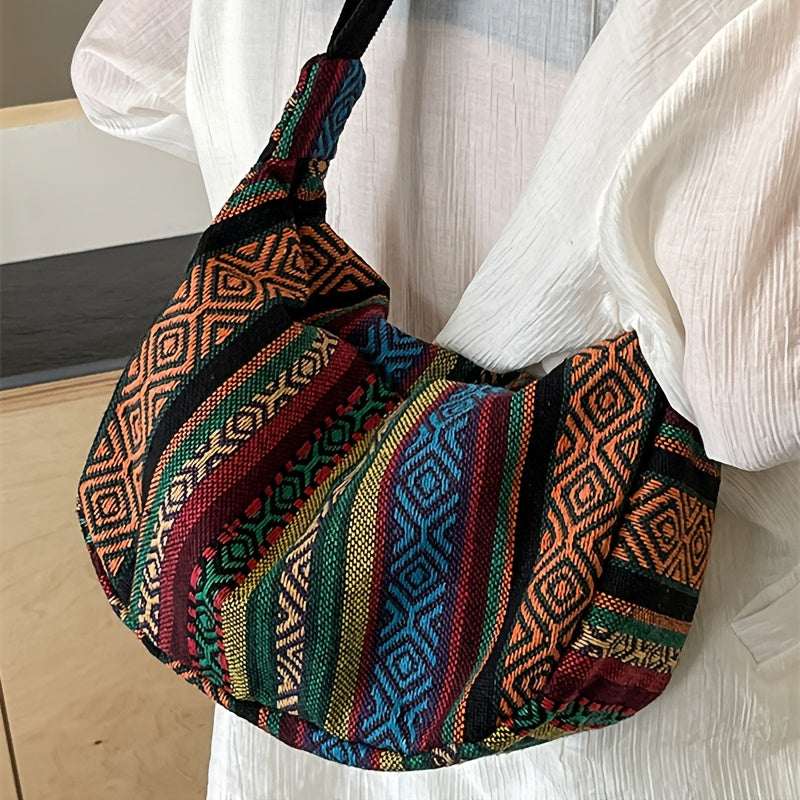 1pc ethnic style fashion crossbody dumpling bag with retro pattern shown as a slouchy shoulder purse