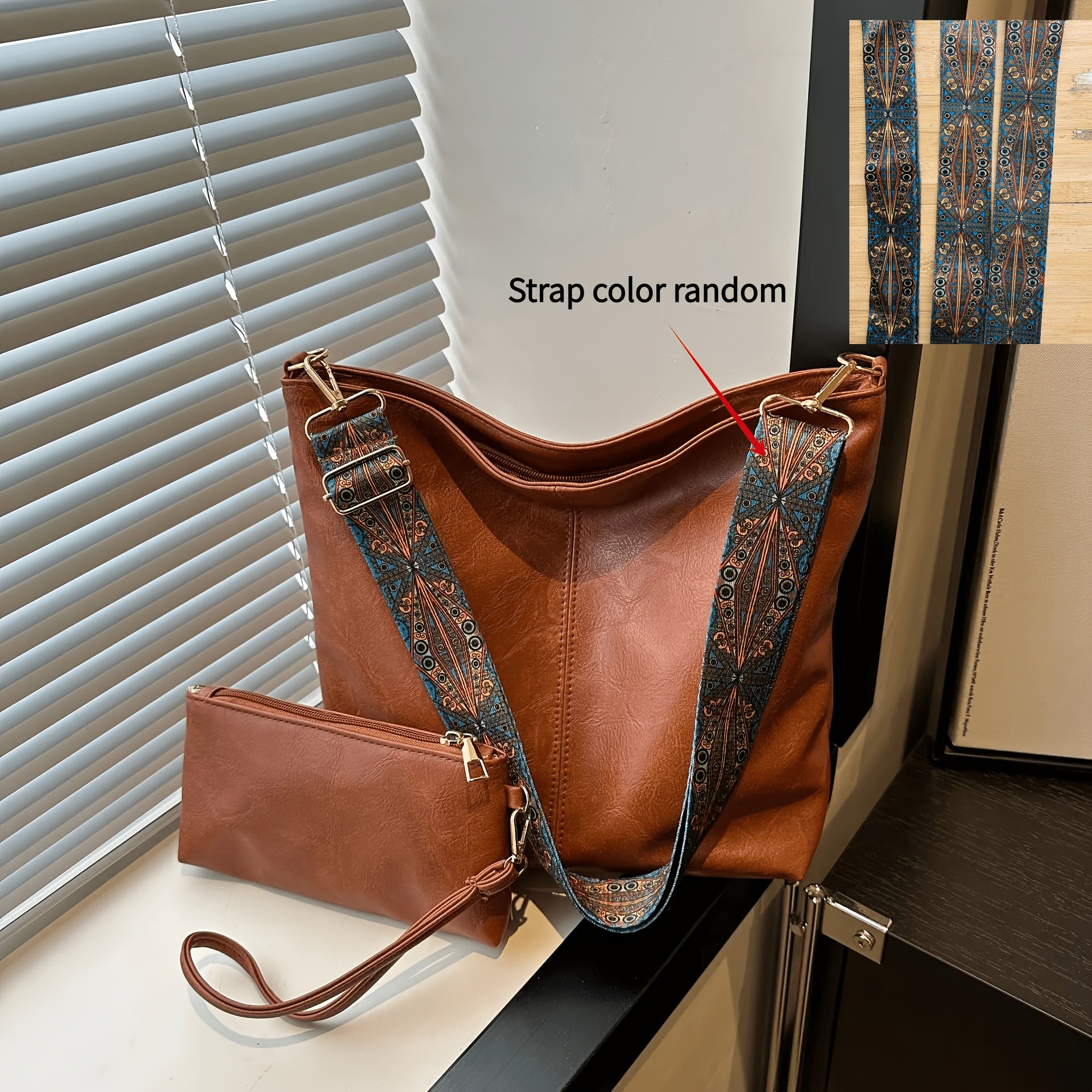 2pcs vintage PU material women's bucket tote bag set with adjustable wide shoulder strap and zipper closure