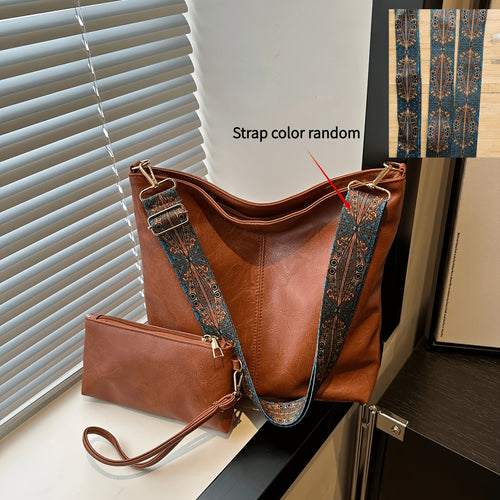 2pcs vintage PU material women's bucket tote bag set with adjustable wide shoulder strap and zipper closure