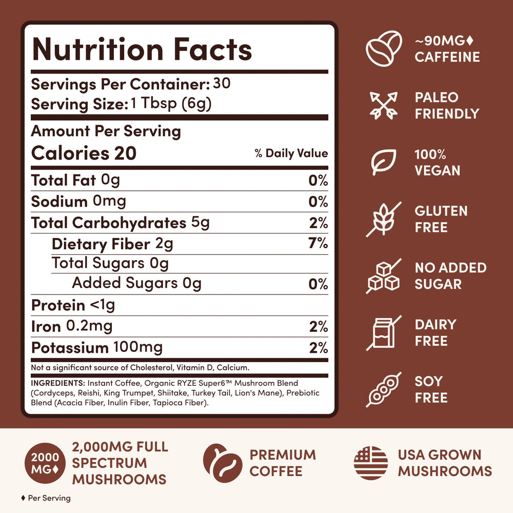 RYZE Mushroom Coffee – Dark Roast, 30 Servings