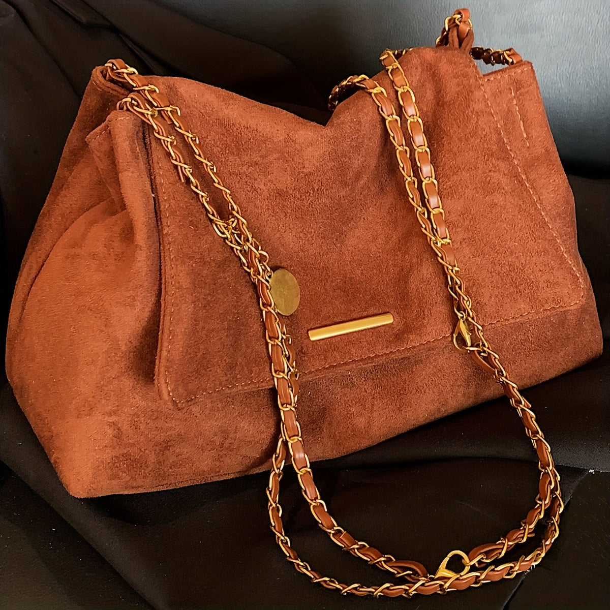 Suede-like women's vintage style shoulder bag in a solid color large capacity design for work and shopping