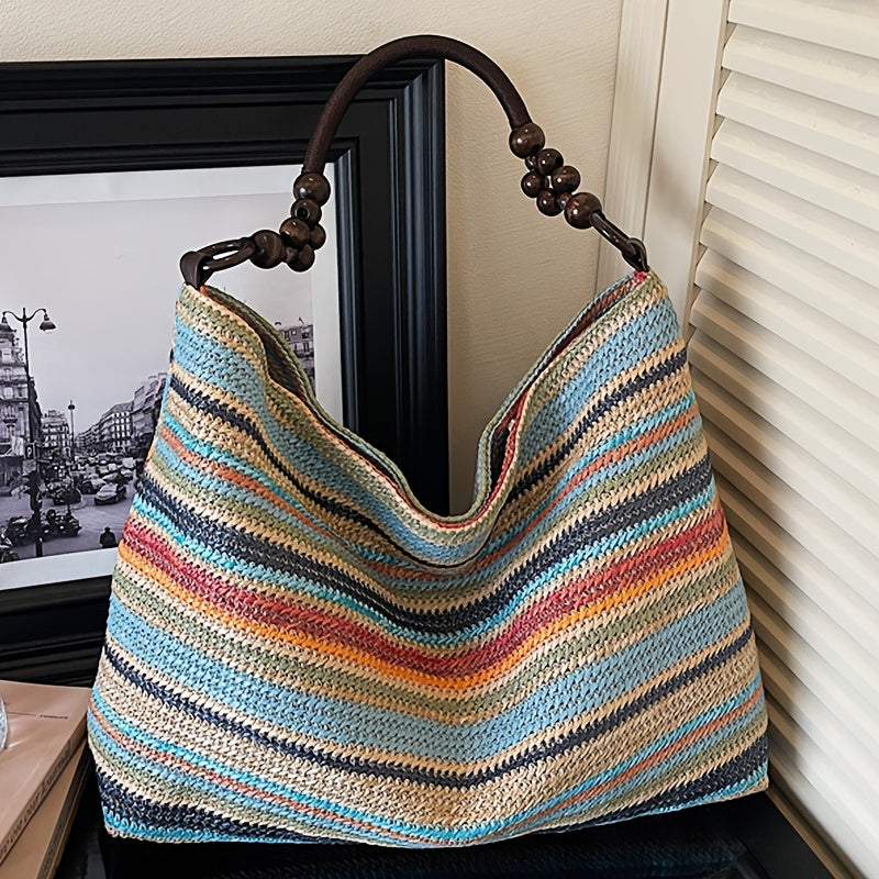 Women's color block grass woven tote bag with colorful striped patchwork ripples for daily travel and shopping