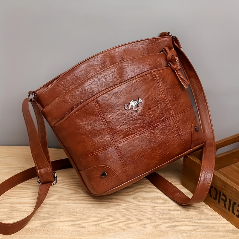 Women's pure brown vintage crossbody bag with multi-pocket layout and spacious interior for work and shopping