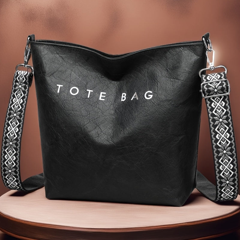 Women's solid color letter print large capacity tote bag with bohemian wide woven shoulder strap