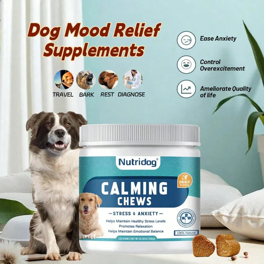 Calming Supplement Chews For Dogs Anxiety Relief - With Melatonin, ,Chamomile & L-Tryptophan - Stress Relief For Thunderstorms - Vet-Recommended Formula 120Ct(Beef)