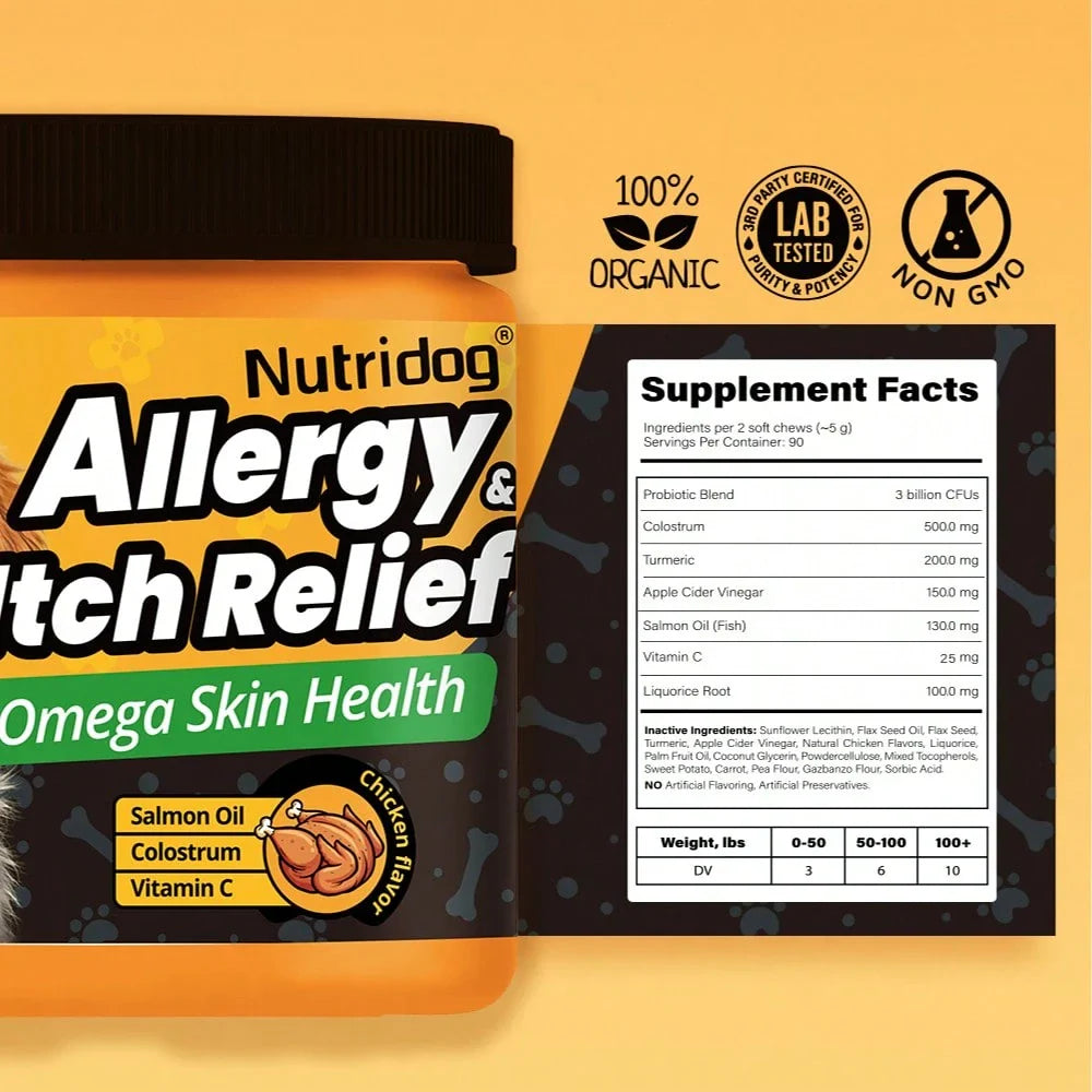 Dog Anti-Allergy & Itching Supplement Food - Omega-3 & Colostrum Strong Barrier , VC + Zinc Anti-Itch Repair, 90 Soft Chews For Dogs Of All Stages